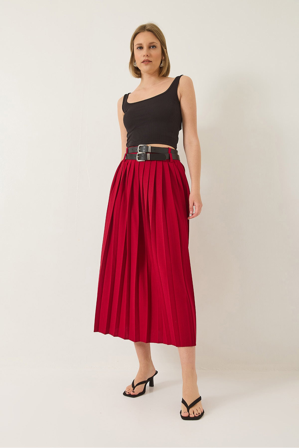 Women's Double Belted Slit Detailed Pleated Long Skirt 7167 60283219