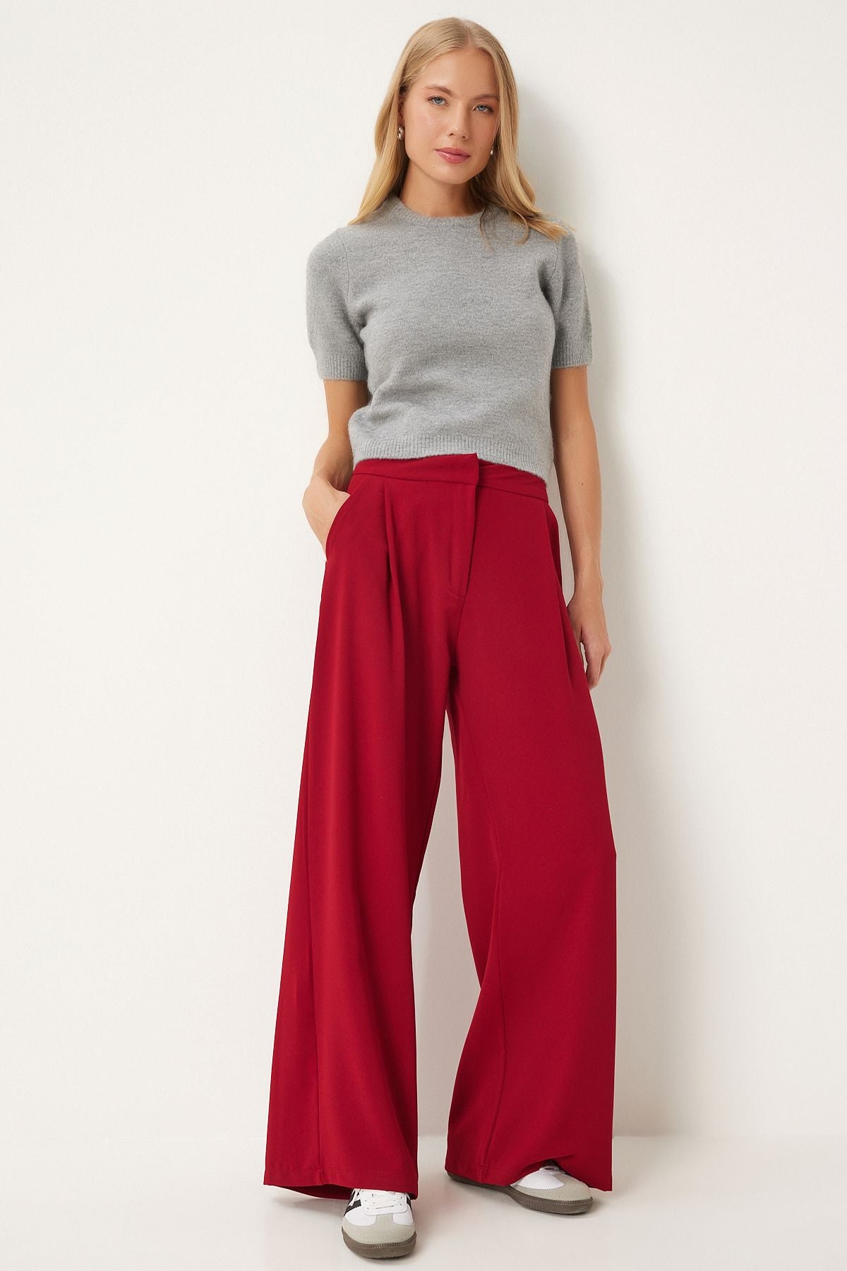 Woman Red Pleated Weaving Palazzo Pants UL00038