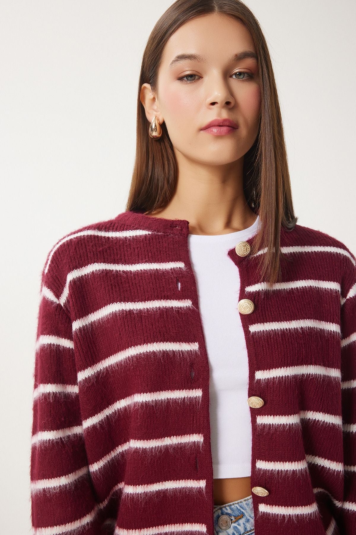 Woman Bordeaux Bone Stylish button striped knitwear cardigan PF00051