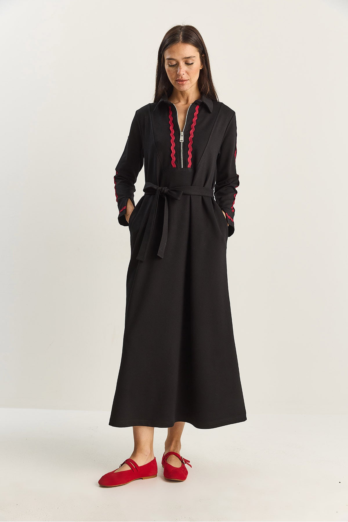 Women's Zippered Collar, Flowy, Mobile Belt Long Dress 8593 60283630