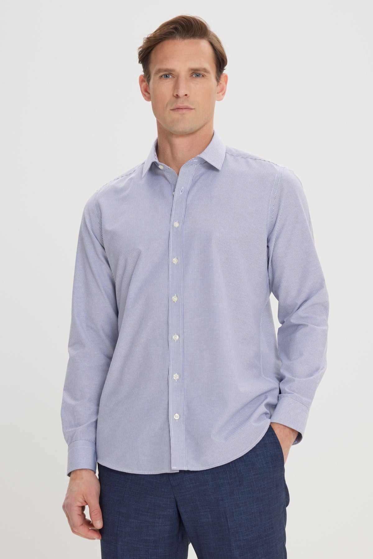 Men's Navy-White Slim Slim Fit Narn Cut Classic Neck Cotton Cotton Amelor Shirt