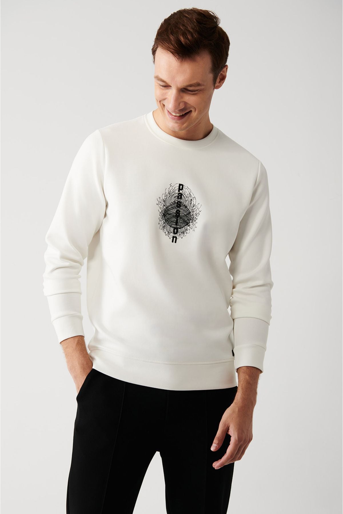 Men's White Bike Neck Interlok Fabric Printed Sweatshirt A32Y1372