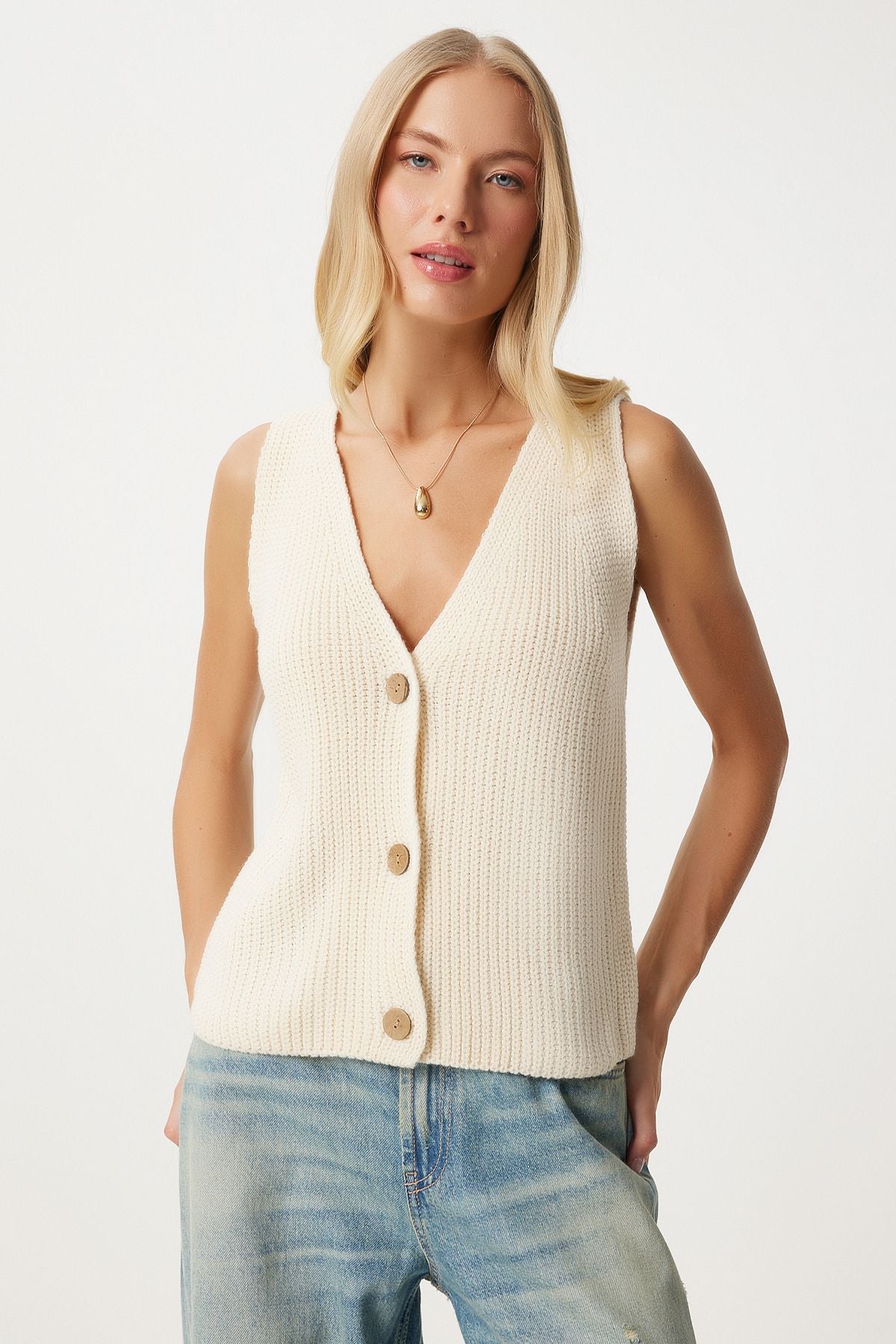 Women's Cream V -Yaka Knitwear Vest YY00221