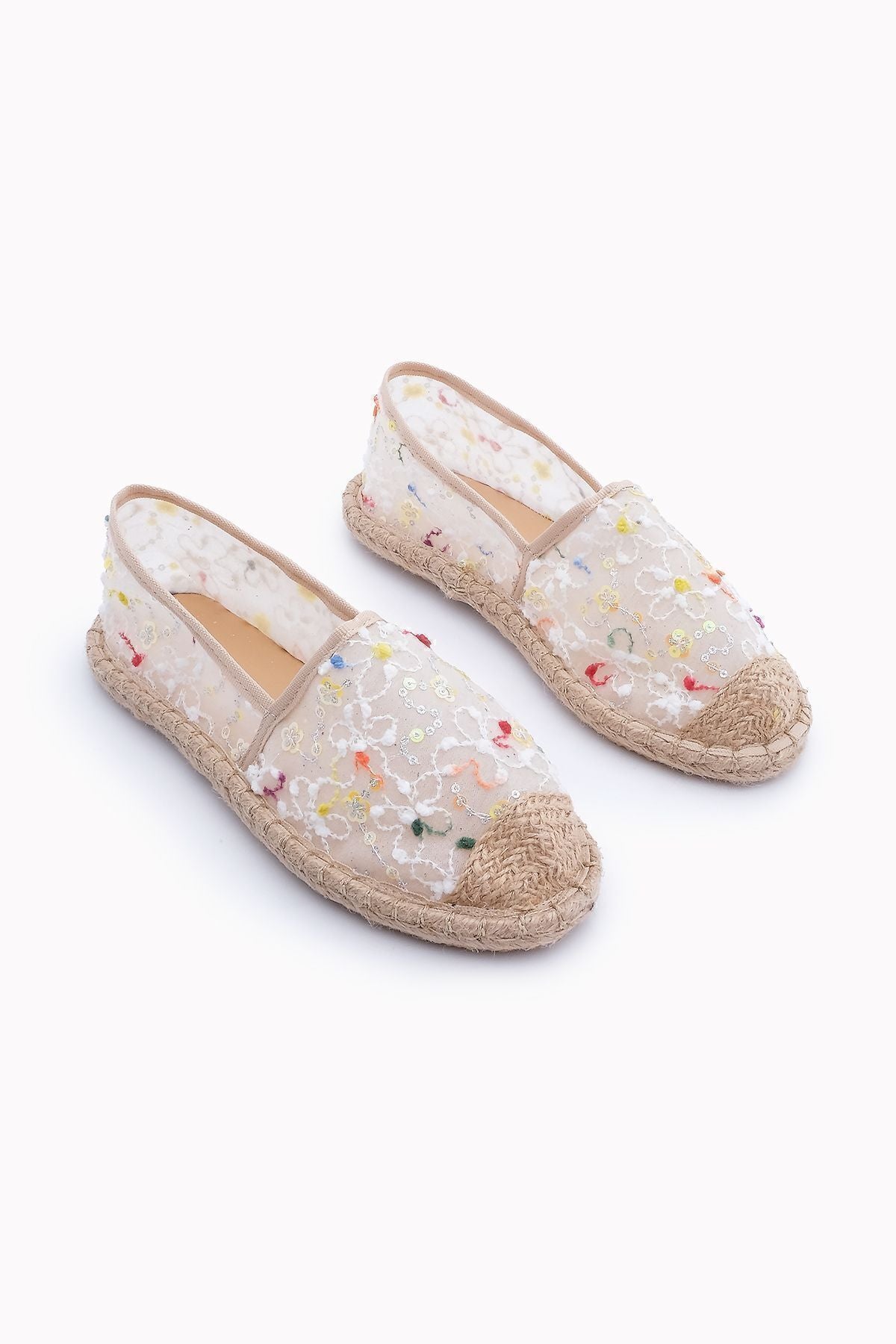 Female Flower Flower Embroidered Jute Espadril Babet Tiras White