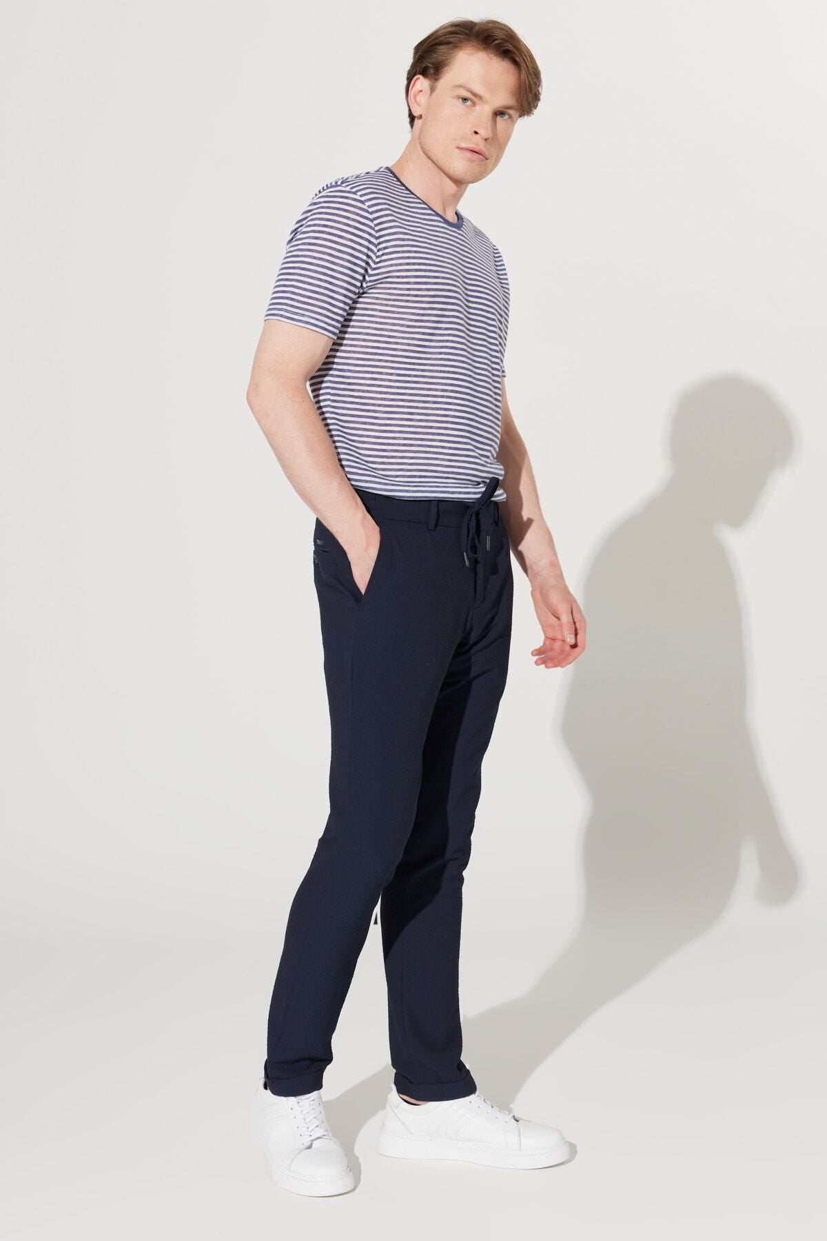 Men's navy blue slim fit narrow -cut wafer patterned flexible waist tied trousers