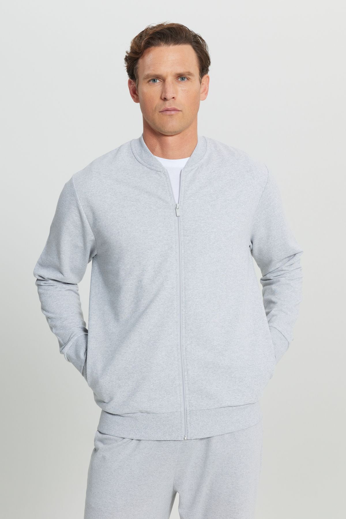 Men's Gray Melanj Cotton Standard Fit Normal Cutting College Side Cep Sweatshirt Jacket