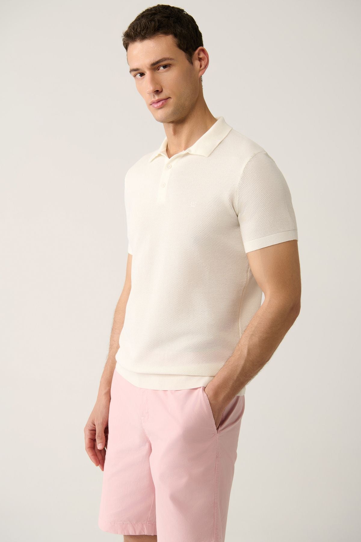 Men's white 3 button texture riban Polo collar knitwear T-shirt B005009