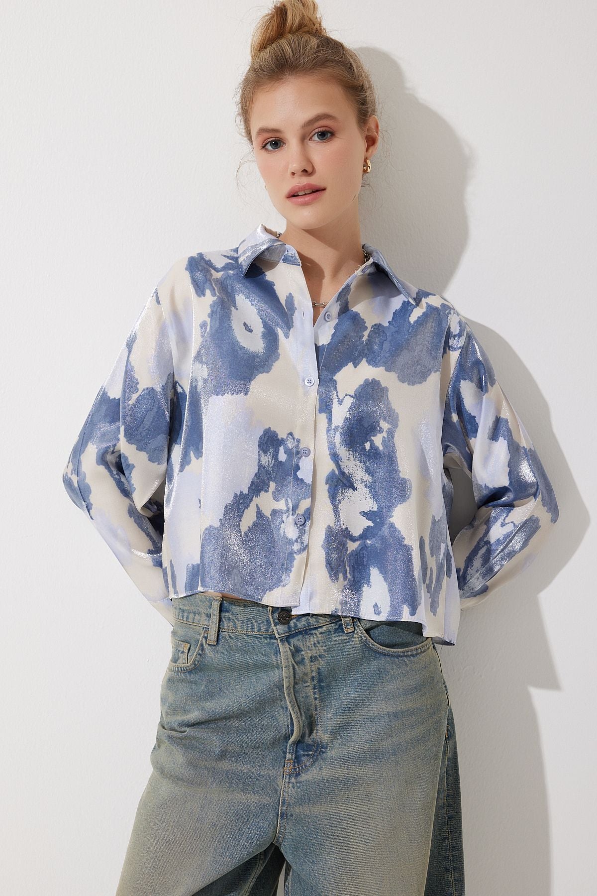 Women's Blue Patterned Satin Surface Short Shirt CR00435