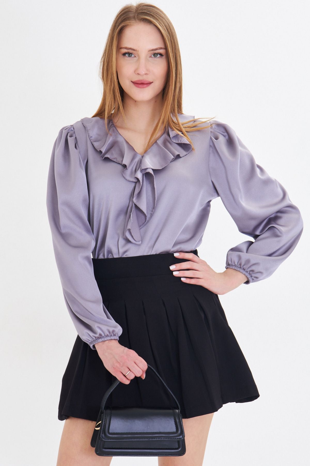 Female gray collar frilled shoulder shirred arm tire cotton satin blouse ARM-22K001059
