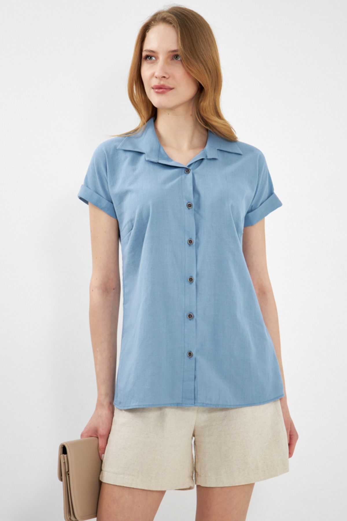 WOMEN'S BUYMAVİ SHORT SOLD LINE SHIRT ARM-24Y001038