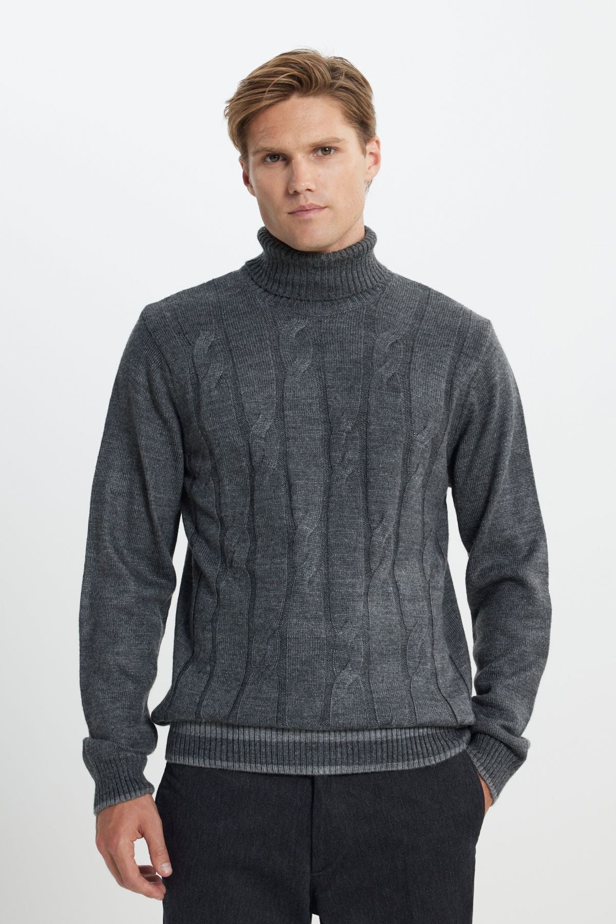 Men's anthracit-melanj standard fit normal cut full fishing collar jacquari knitwear sweater