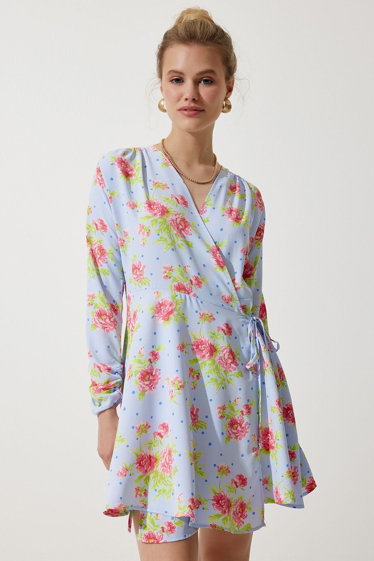 Woman Sky Blue Flower Mini Anvelop Chiffon Dress UB00274