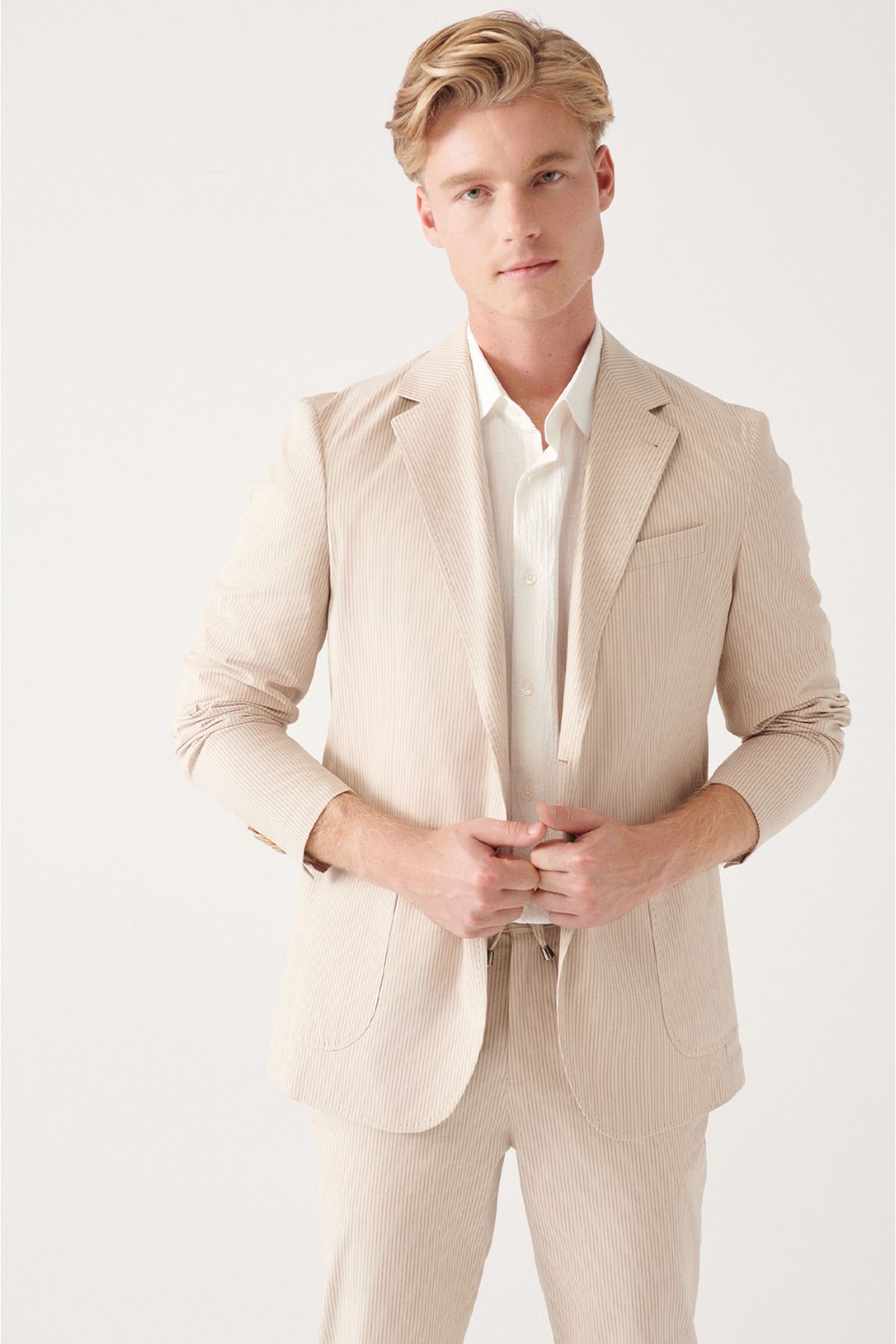 Men's Beige Lined Cotton Mixed Double Slit Jacket A31y4006