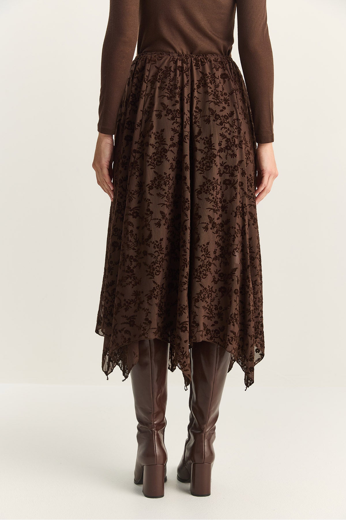 Women's Velvet Patterned Lined Asymmetrical Cut Midi Skirt with Elastic Waist DE251125 60283880