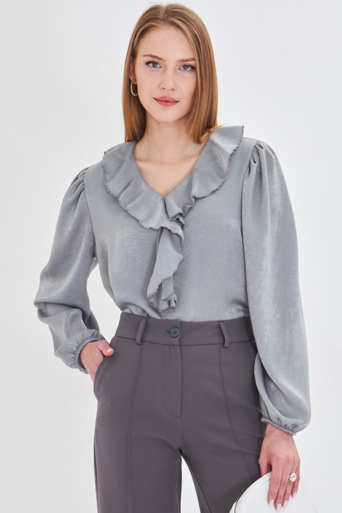 WOMEN LIGHT GRAY SIDE RISE SHOOTED HANDLED HAND RAST COTTON SATIN BLOSE ARM-22K001059