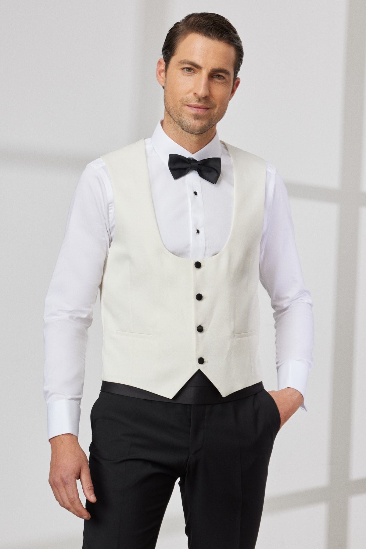 Men's white slim fit narrow cut shawl shawl collar Amelor Vest tuxedo Set