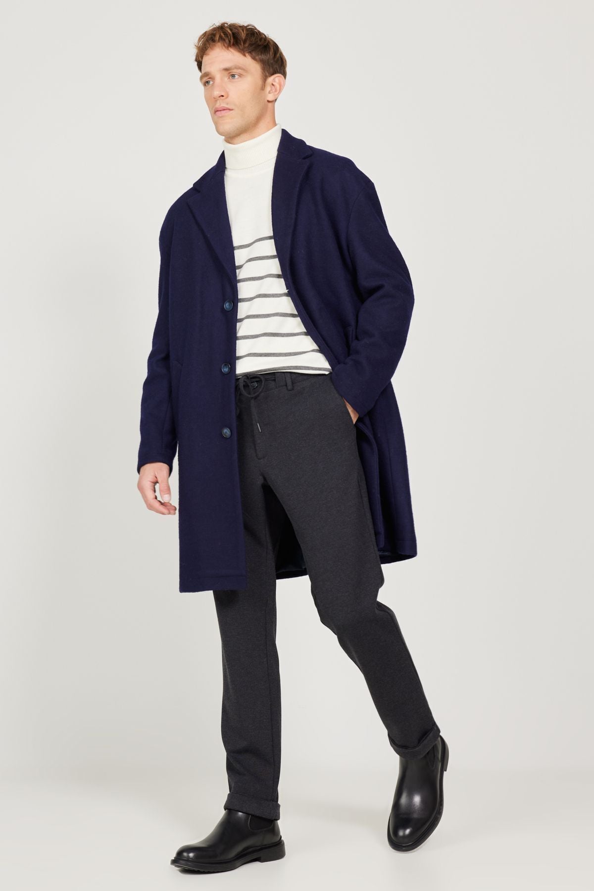 Men's navy blue overwheeling mono collar woolen stamp coat