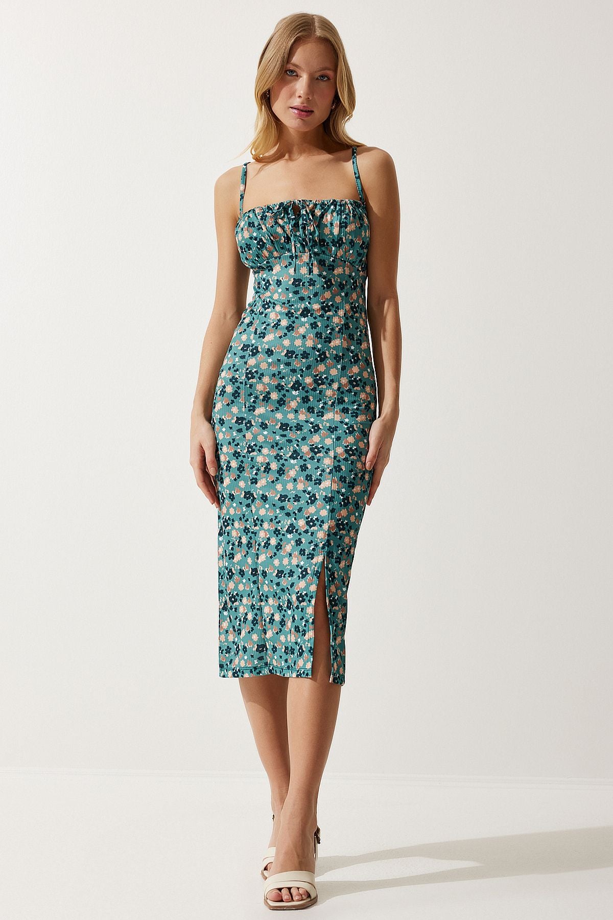 Women's oil green floral slit knitted dress CI00029