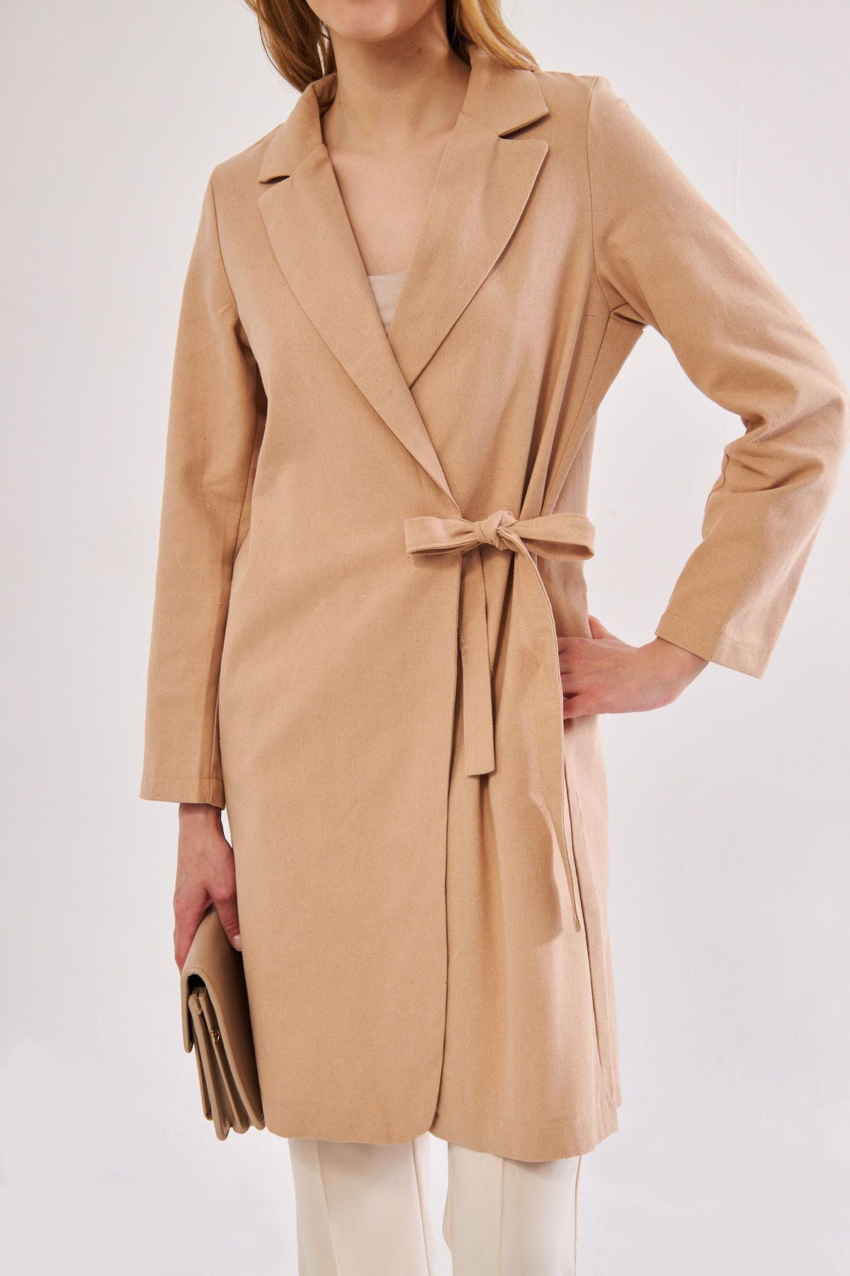 Female Beige Side Ties Long Coat ARM-24Y001019