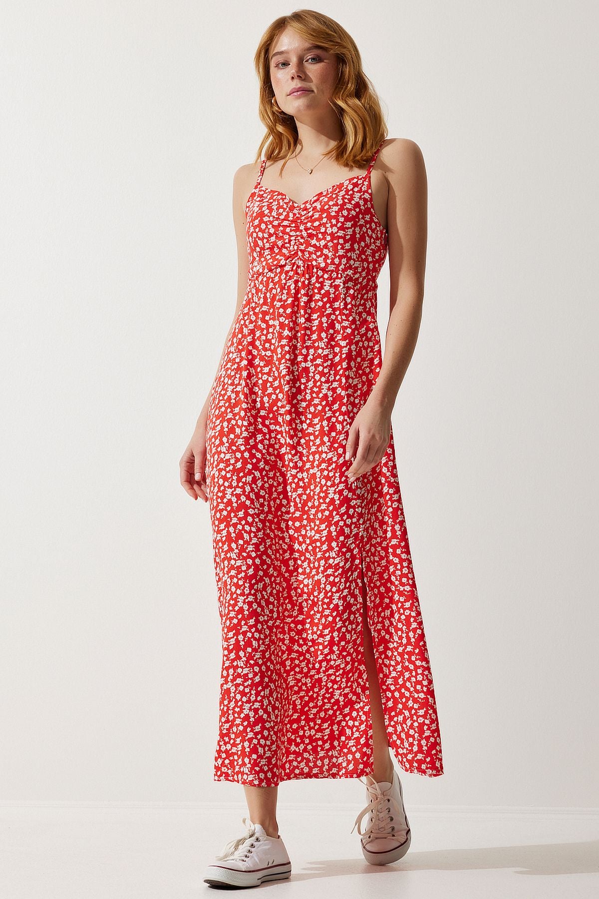 Female red strap patterned viscose dress ub00236