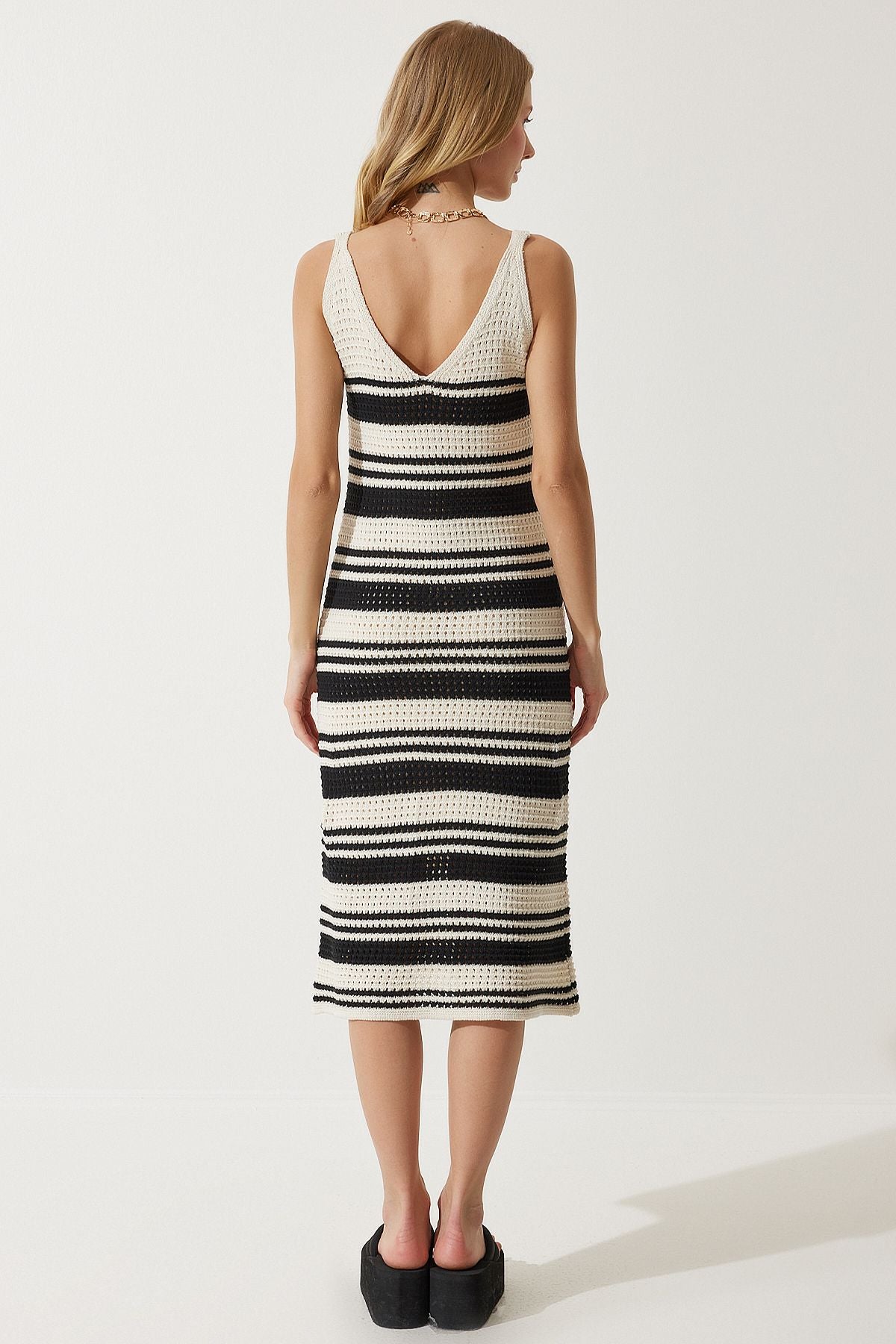Women's Cream Black strap striped summer knitwear dress NF00080