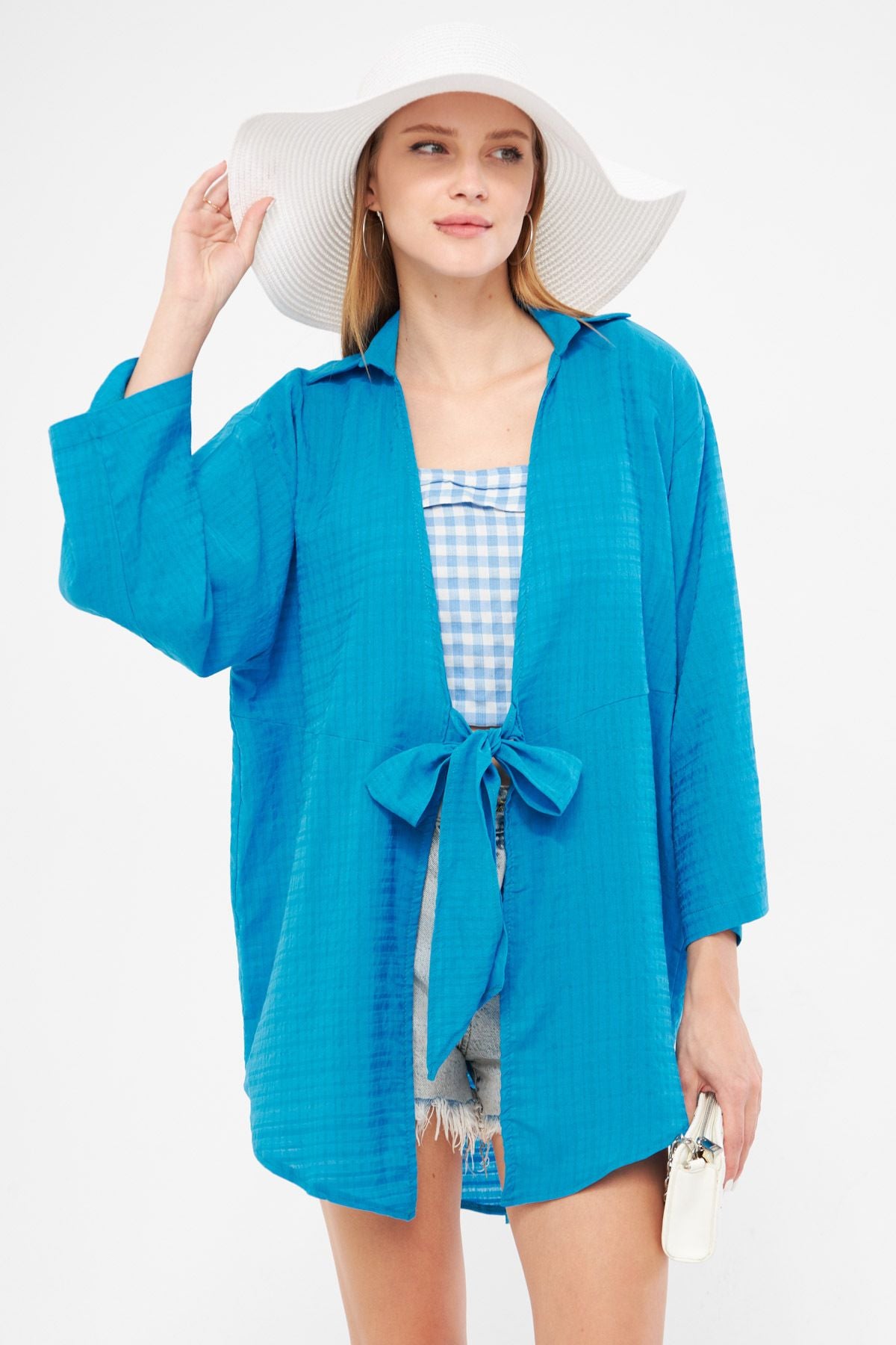 Woman Blue Self-Striped front connect Kimono Shirt ARM-24Y001101