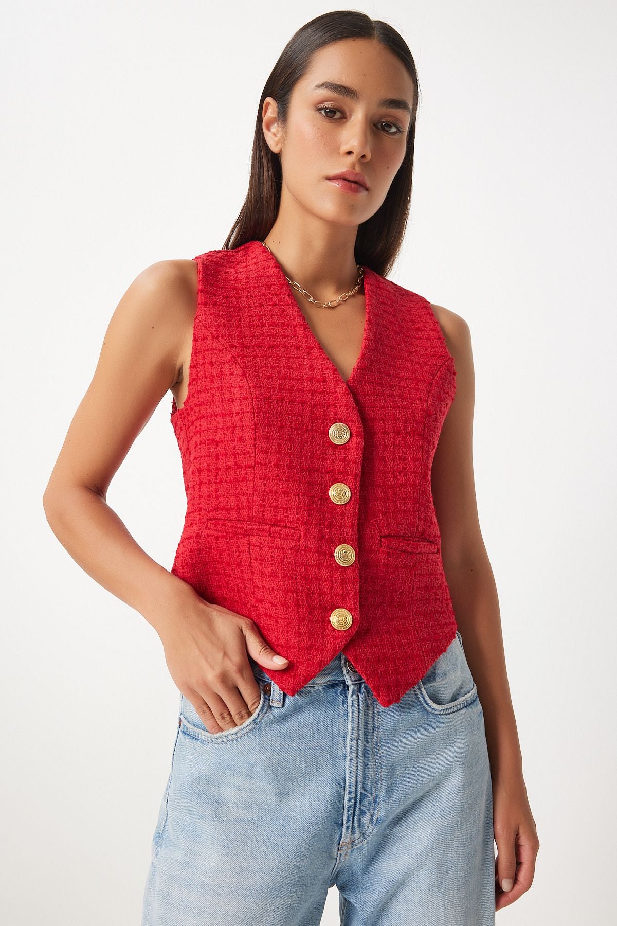 Woman Red Metal Button Detailed Stamp Vest to00111