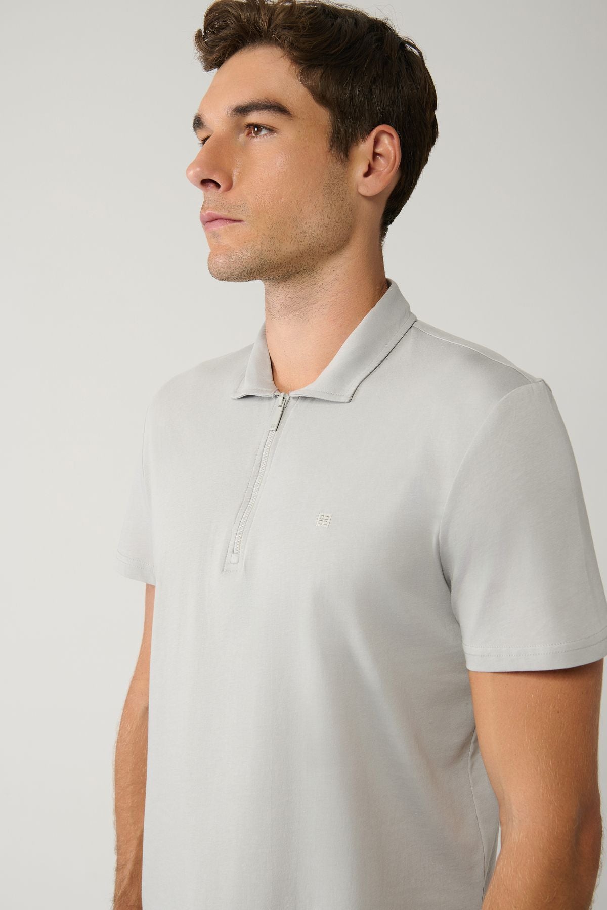 Men's Gray 100 %Cotton Zippered Polo Yaka T-shirt E001034