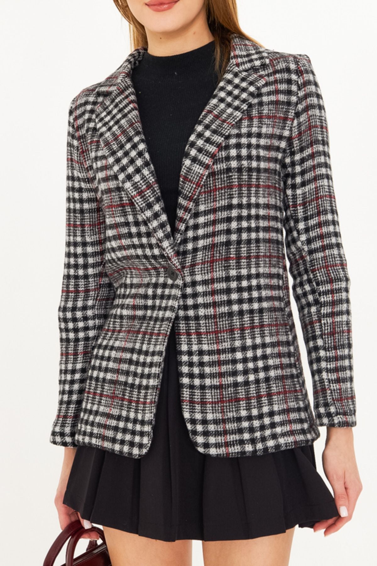 Female black plaid pattern single button stamp jacket ARM-25K001083