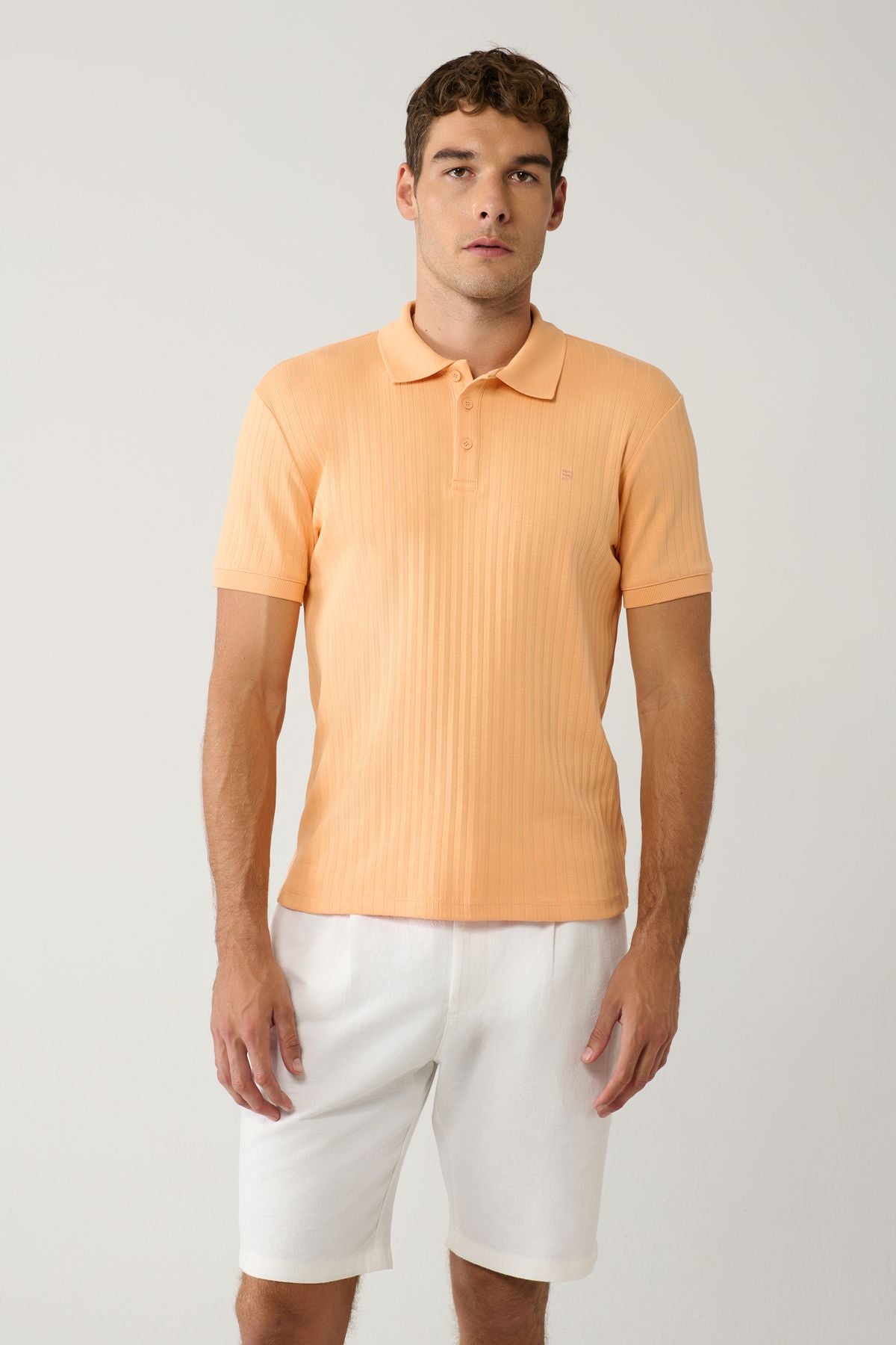 Men's Open Orange 100 %Cotton 3 Buttoned Jacquard Polo Yaka T-shirt A41y1354