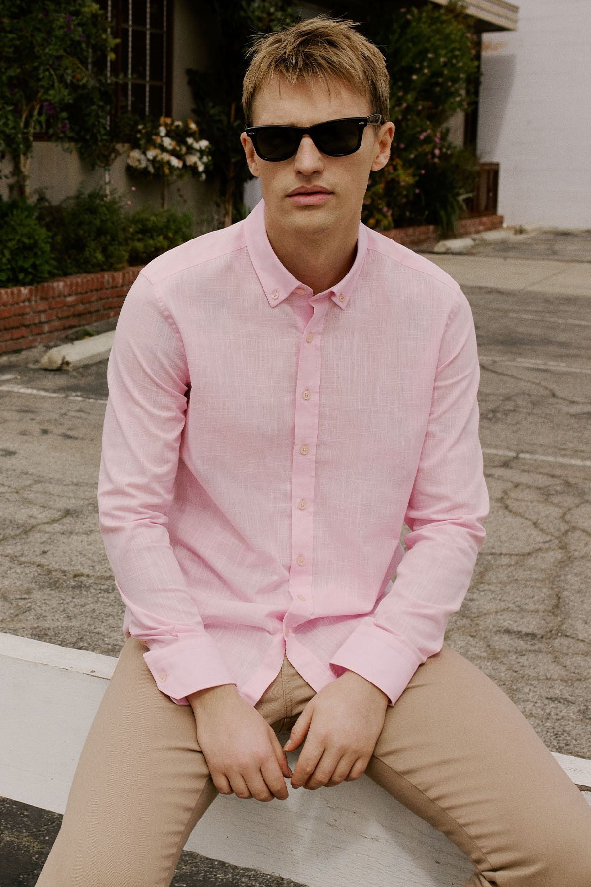 Men's pink 100 %cotton breathing fabric Oxford slim fit button with collar pennant shirt