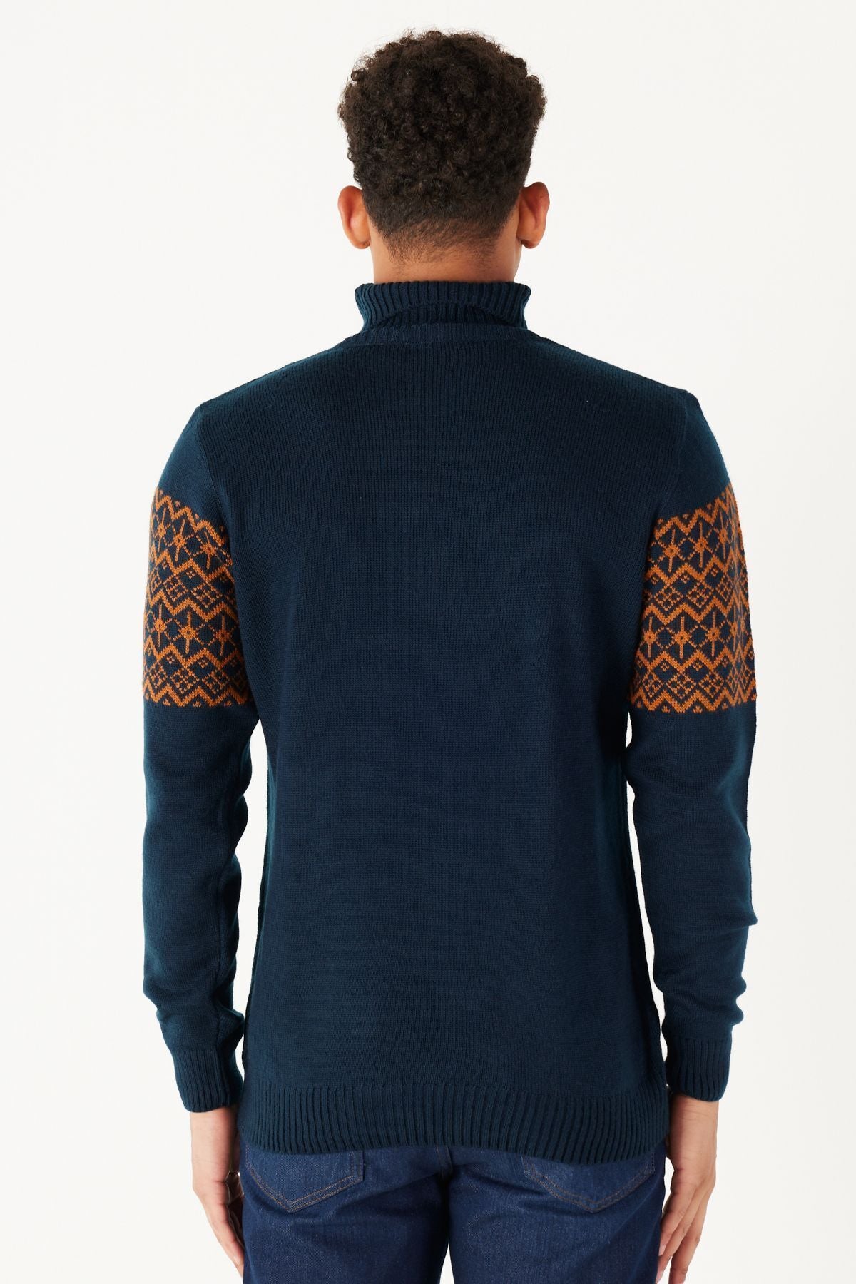 Men's Navy Blue-Cycle Standard Fit Normal Cut Fisherman Yaka Zigzag Patterned Knitwear Kazakh