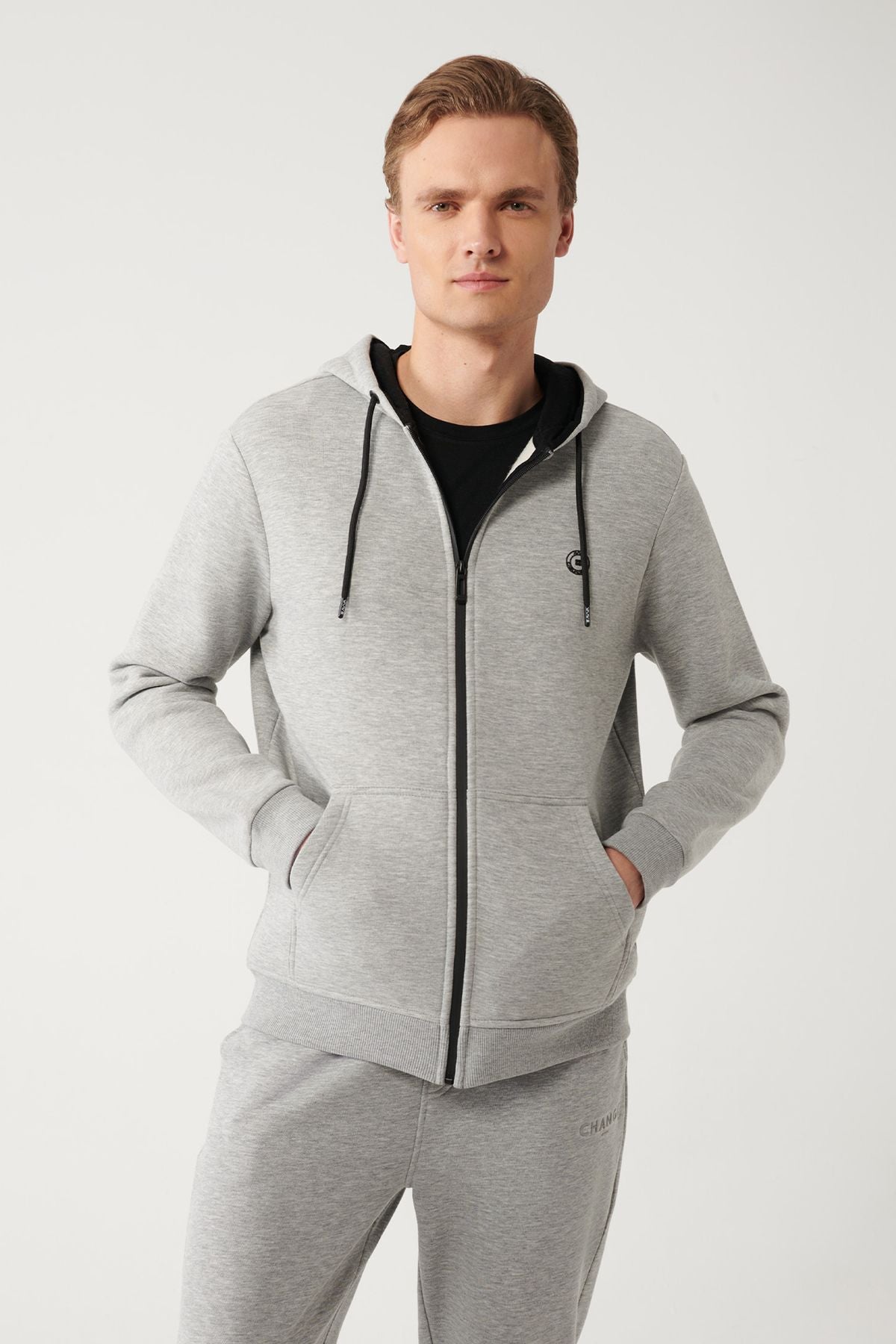 Men's gray unisex sweatshirt hooded collar polarlı 3 -needed zipper regular Fit E001019