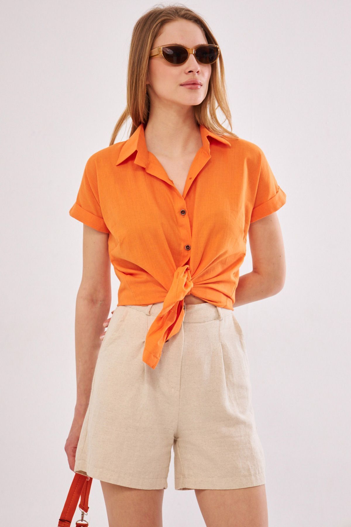 Women's Orange Short Sleeve Linen Shirt ARM-24Y001038