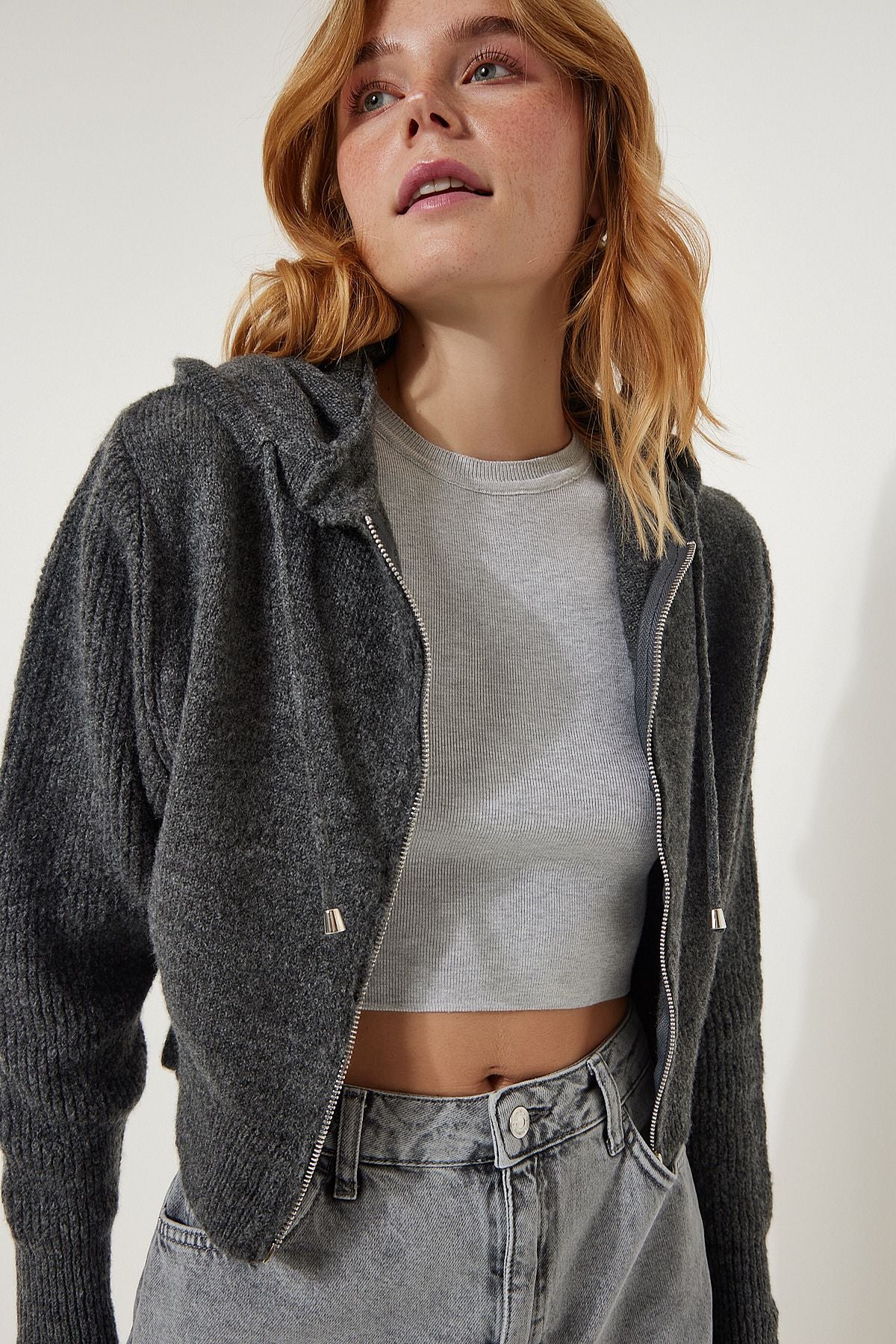 Female anthracit hooded zipper knitwear cardigan yy00203