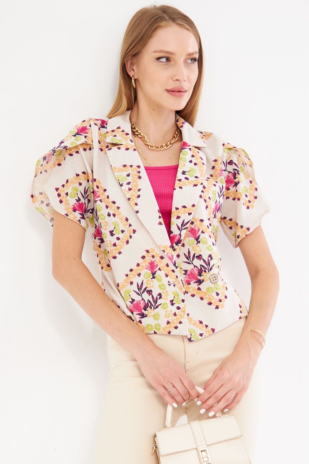 Woman Open Fuchsia Linen-Looking Patterned Lever Slit Crop Short Sleeve Jacket ARM-24Y001095