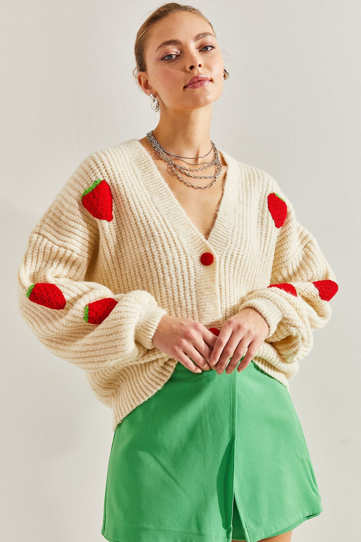 Woman strawberry button knitwear cardigan