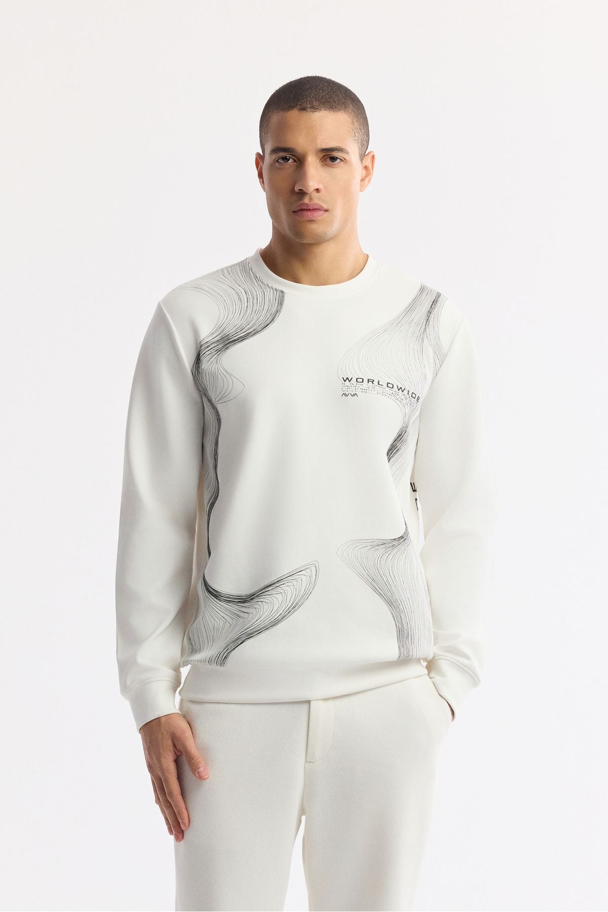 Men's Ecru Bicycle Collar Printed Interlok Sweatshirt A51y1221