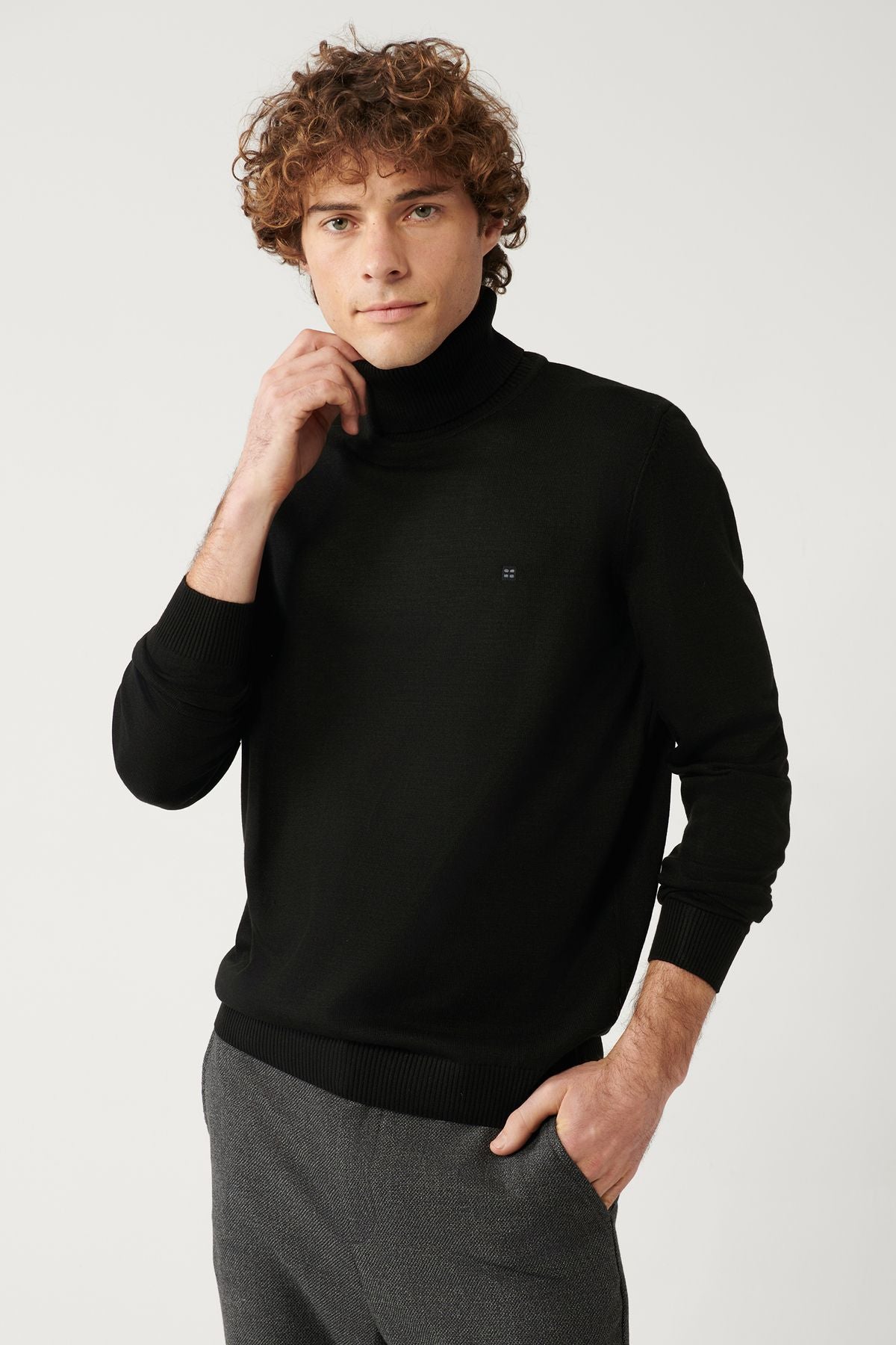 Men's Black Unisex Knitwear Sweater Full Fisherman Collar Full Non Fit E005002