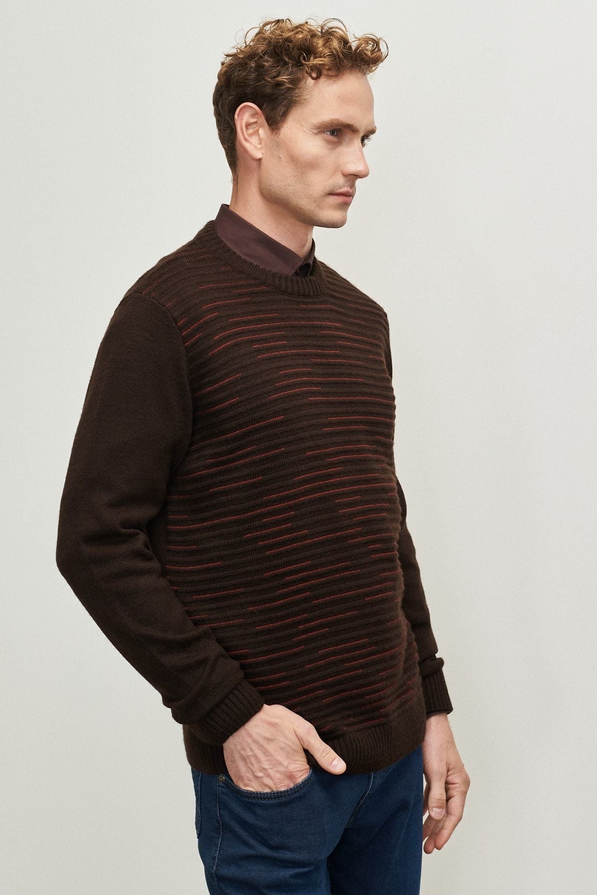 Men's Brown-Bordo Standard Fit Normal Cut Normal Cycling Bicycle Tissue Patterned Knitwear Sweater