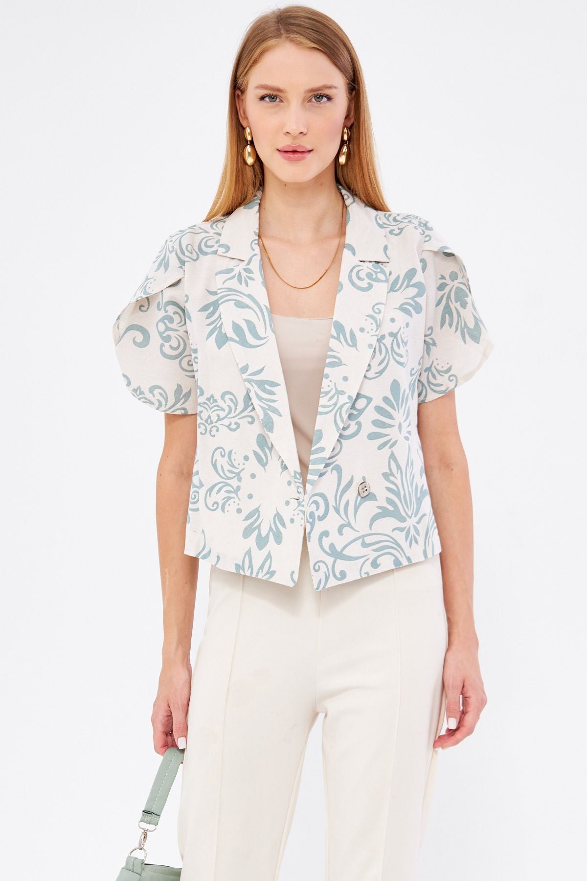Female Mint Linen-Looking Patterned Band Slit Crop Short Sleeve Jacket ARM-24Y001095