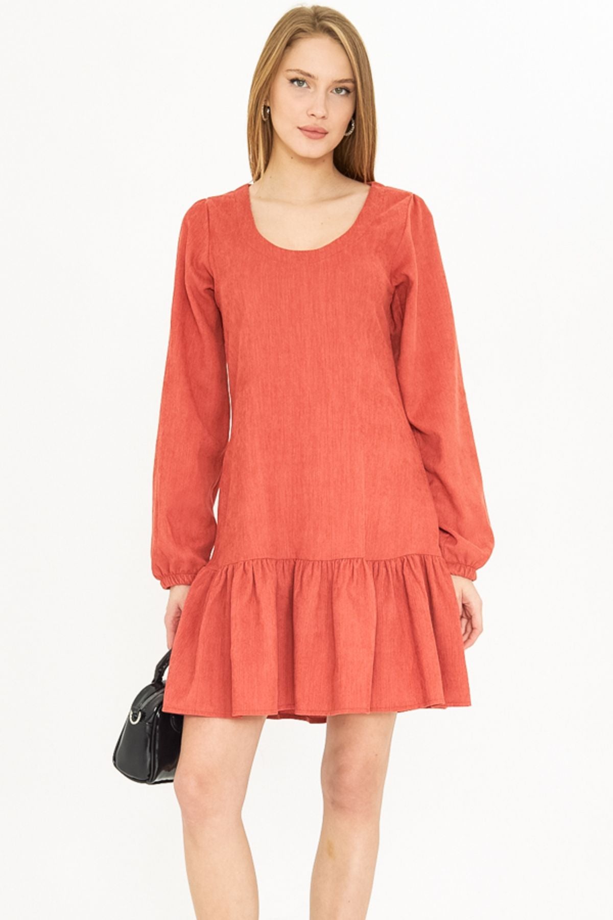 Women's Salmon U collar skirt tip frilly arms with rubber velvet short dress ARM-25K001086