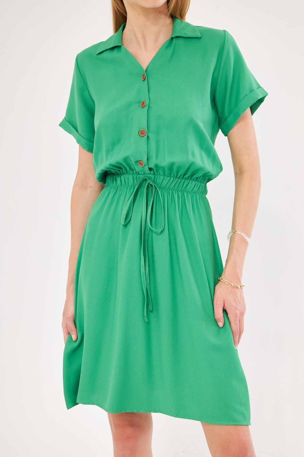 Woman Light Green Waist Tire Short Sleeve Shirt Dress ARM-23Y001035