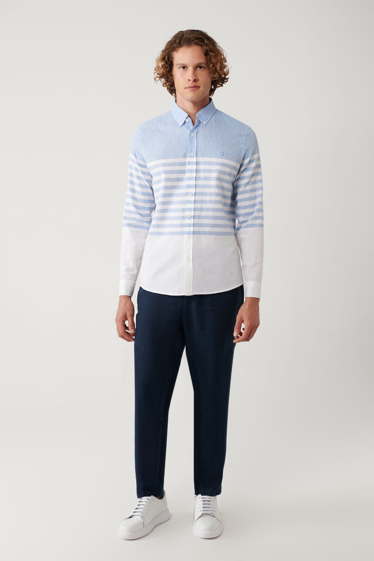 Men's blue button collar panel striped shirt A41y2190