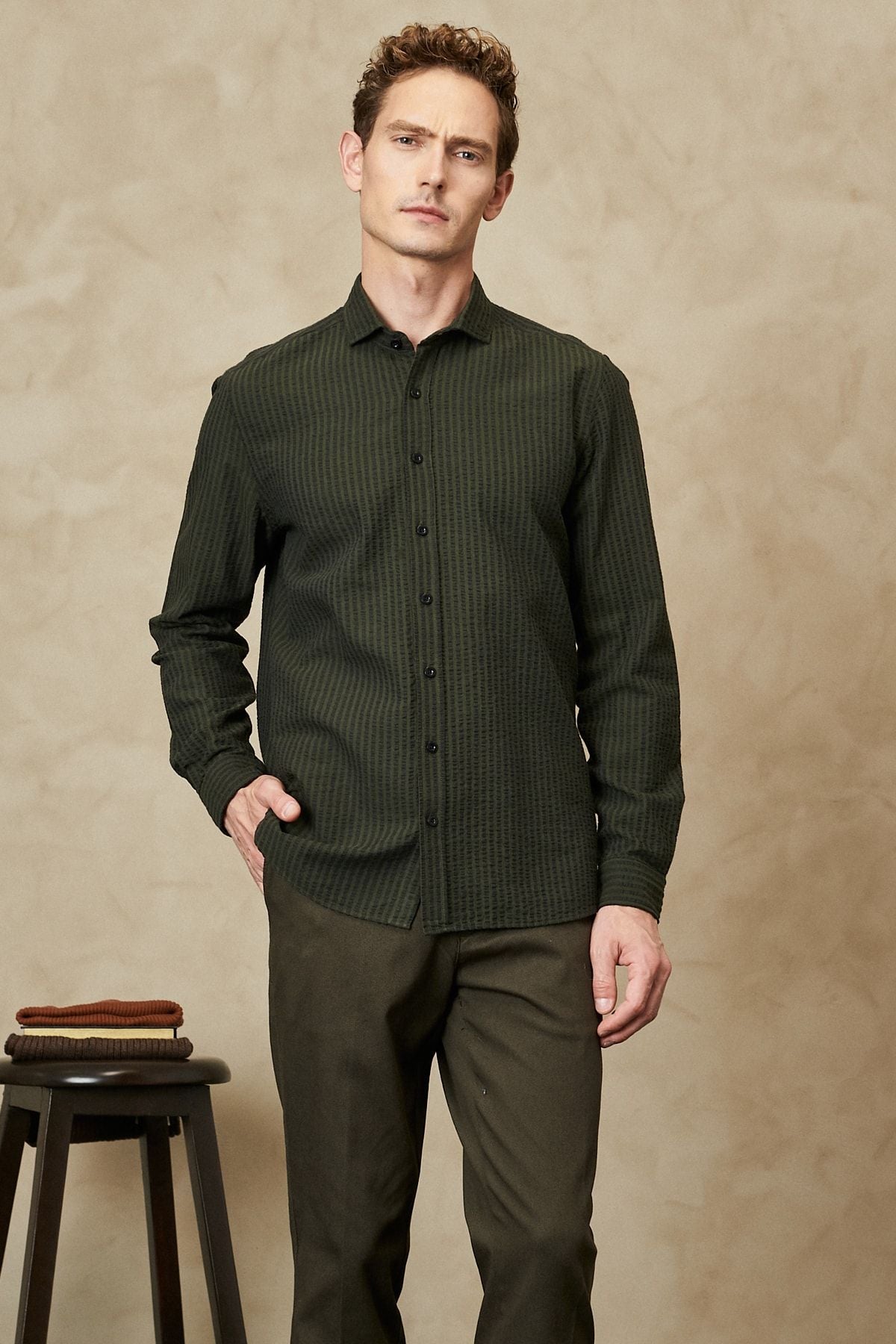 Men's Khaki Slim Fit Narrow Cutting Italian collar 100 %Cotton Wafer Shirt
