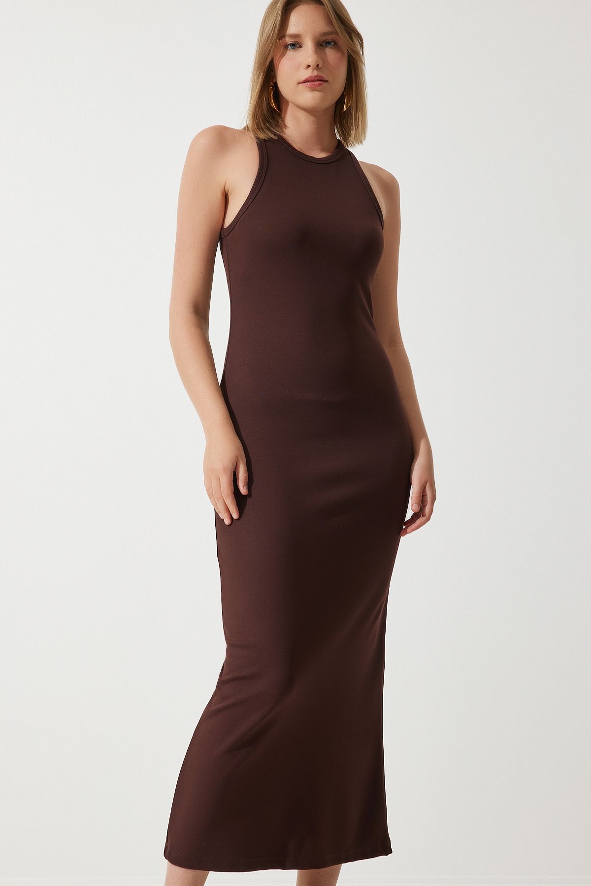 Kadın Kahverengi Halter Yaka Yazlık Çelik Örme Uzun Elbise BP00159
