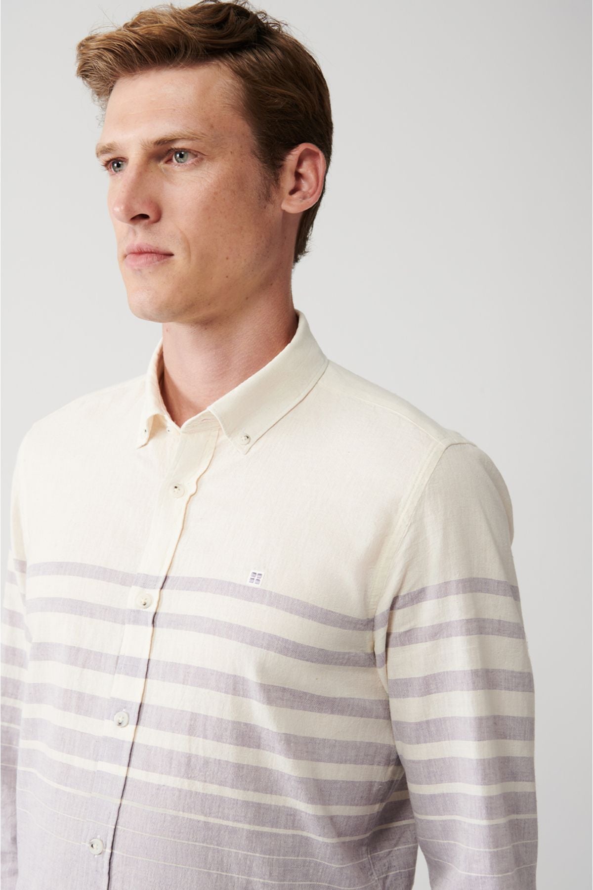 Men's light purple cotton linen mixed striped shirt A31y2268