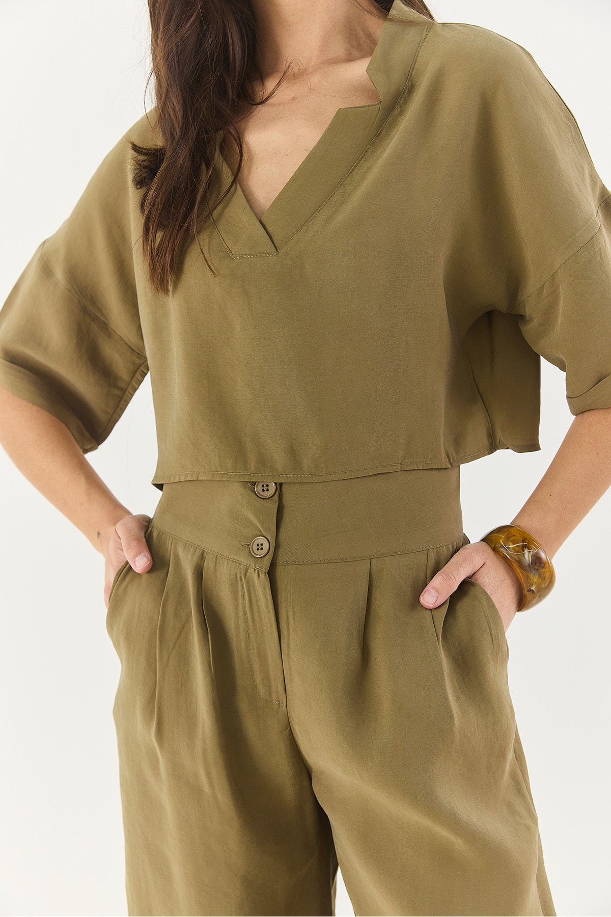 Women's V-Neck Blouse with High Waist Trousers Modal Bottom-Top Set 9330 60281052