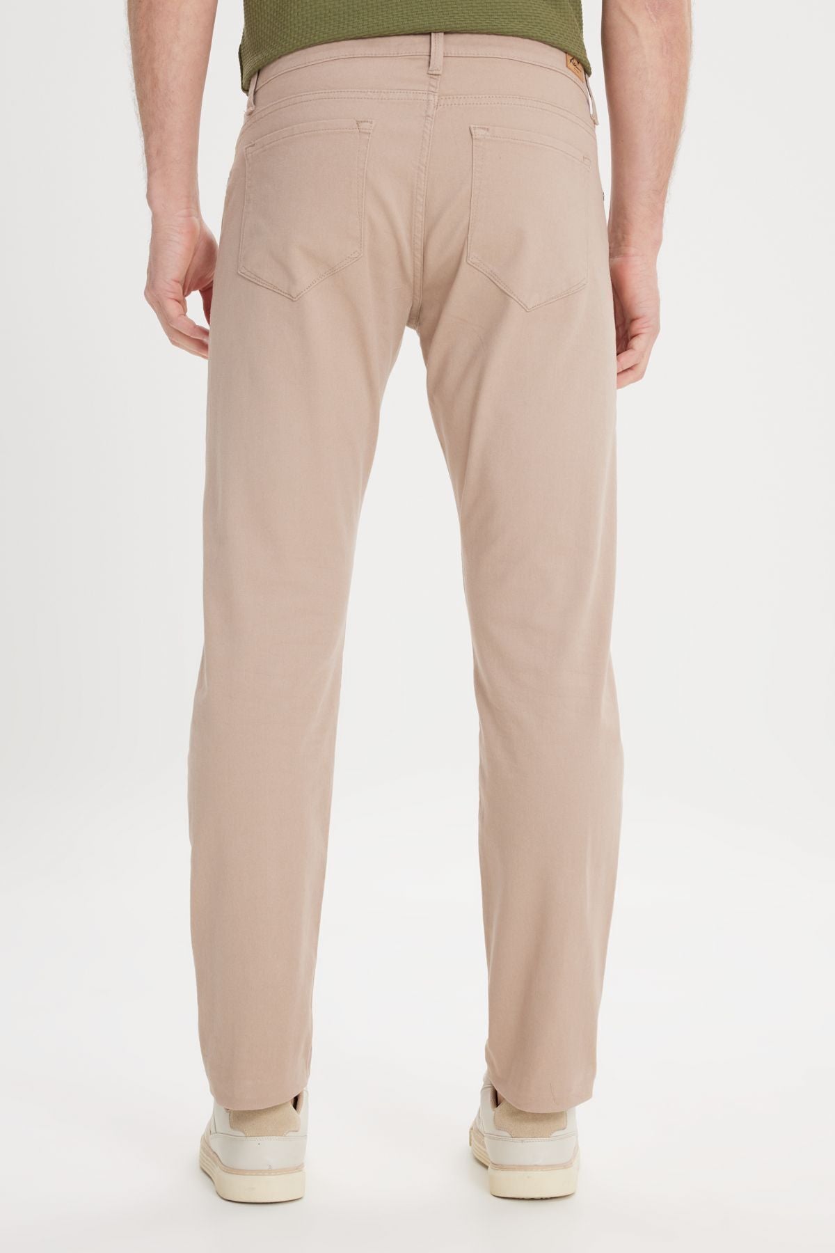 Men's Beige Slim Fit Narrow Cut 5 pocket cotton canvas flexible chino pants
