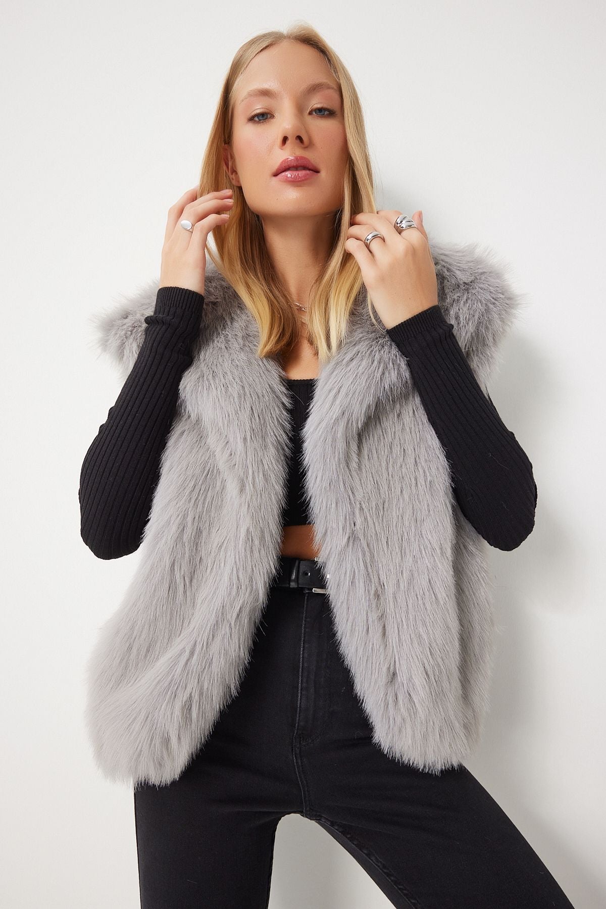 Women's Stone Gray Artificial Fur Vest YL00003